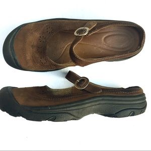 Keen Brown Nubuk Leather Mary Janes with Eyelets